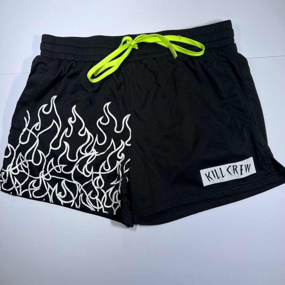 Kill Crew Mesh Athletic Shorts Mens 2XL Black Flame Graphic Neon Drawstring Gym